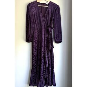 Calvin Klein Burnout Velvet Animal Print Midi Dress | 6 Purple V-neck Ruffle